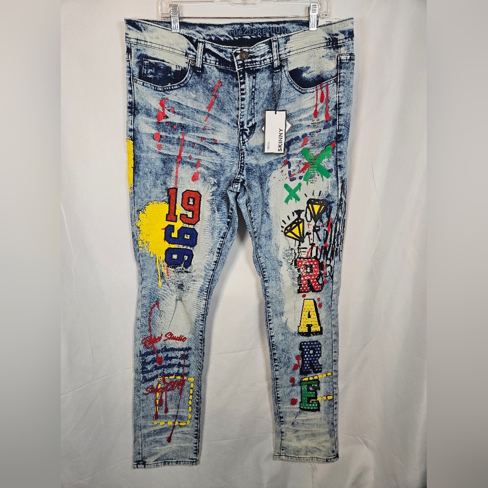 Rue21 Premium Graffiti Skinny Jeans | Paint Splatter Streetwear | 34x34 NWT